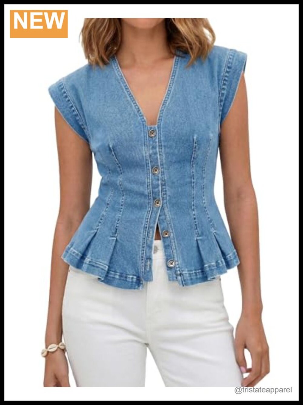 Women's Sleeveless Denim Vest Peplum Top V Neck Slim Fit Western Blouse